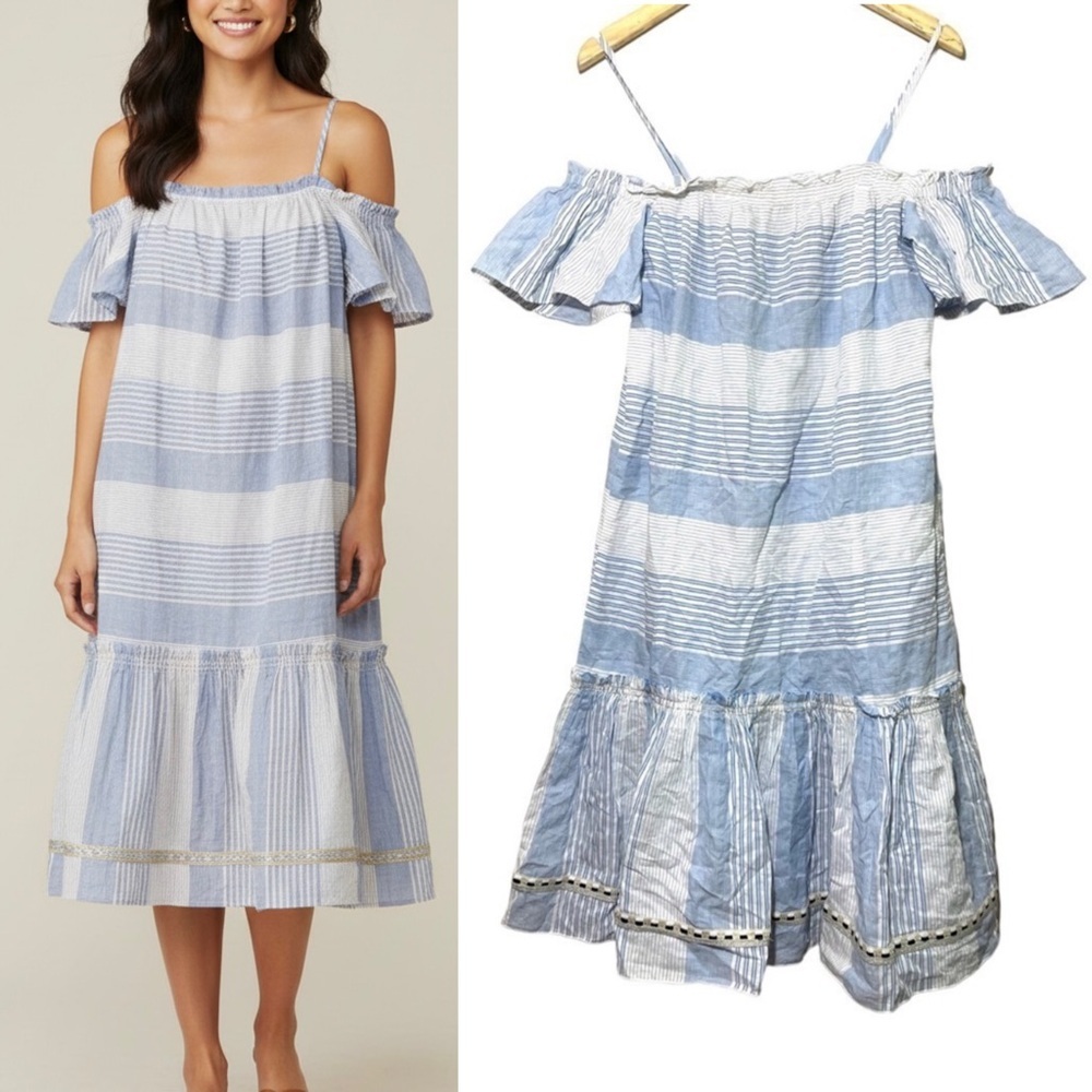 Lemlem Dera Blue & White Off The Shoulder Flutter Sleeve Midi Dress - Small